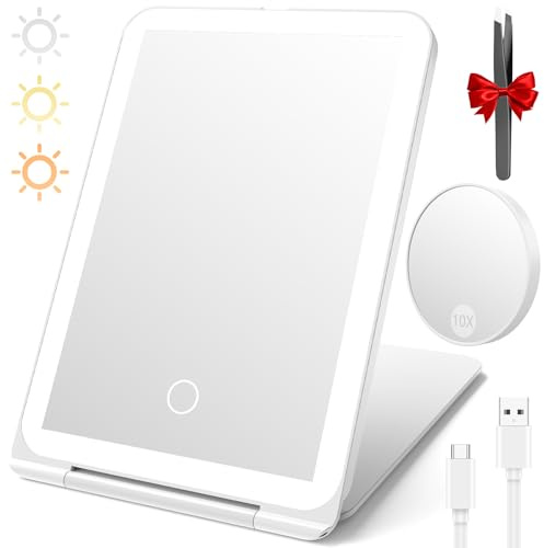 Wiederaufladbarer Kosmetikspiegel mit Beleuchtung, Faltbar & Ultraschlanker mit 10X Vergrößerung, 3 Beleuchtungsmodi, Touchscreen, USB Wiederaufladbarkeit Make up Spiegel für Reise und Zuhause, Weiß