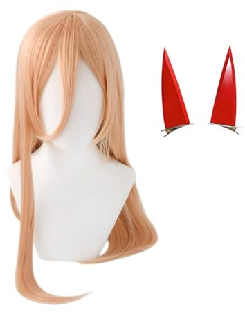 Xingbiyou Anime Power Cosplay Wig 70 cm Long Orange Heat Resistant Synthetic Hair with Red Horns