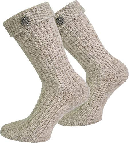 normani Trachten-Umschlagsocken im Landhaus-Stil - mit aufwändiger Applikation Farbe Naturmelange mit Edelweiß-Anstecker Größe 43/46