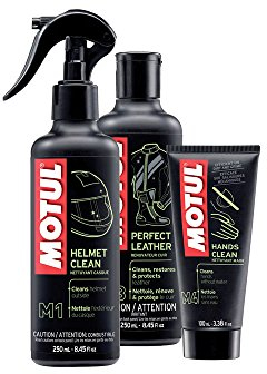 MOTUL Pack +ECONOMICO MC Care Cuidado Equipamiento Moto M1 Limpia Casco Exterior 250ml + M3 Limpia Pieles 250ml + M4 Limpia Manos 100ml