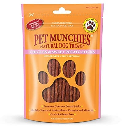 Pet Munchies Chicken and Sweet Potato Dog Treats, Healthy Grain Free Dental Sticks with Natural Real Meat 90g