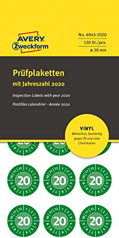 AVERY Zweckform 6943-2020 widerstandsfähige Jahres-Prüfplaketten 2020, stark selbstklebend (Kleinformat, Ø 20 mm, 120 Aufkleber auf 8 Blatt) grün