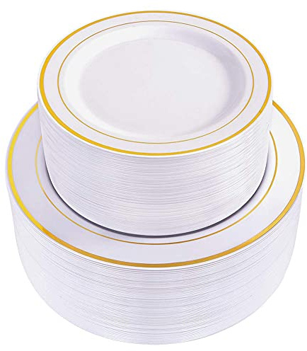 WDF 120 Pieces Gold Disposable Plastic Plates - White and Gold Plates Include Dinner Plate & Salad Plate for Party Baby Shower Wedding
