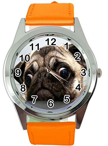 TAPORT® Mops-Quarzuhr mit orangefarbenem Lederband, Orange, Armband