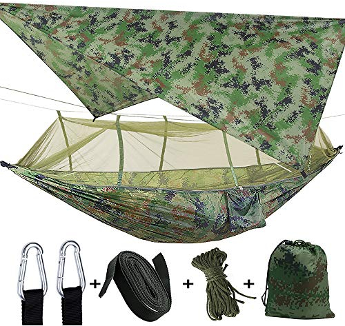 3in1 Camping Hängematte mit Zipper Moskitonetz und Zeltplane,300kg Last Hängematten Atmungsaktiv Moskitonetz Schnell Trocknend Fallschirm Plane für Camping Wandern Reise Hof (Tarnung Hängematte)
