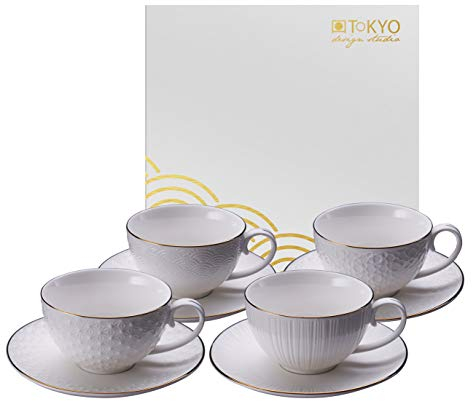 TOKYO design studio Nippon White 4-er Tassen-Set weiß mit Untertassen, mit Gold-Rand, Ø 7,7 cm, 4,6 cm hoch, 100 ml, asiatisches Porzellan, Japanisches Design, inkl. Geschenk-Verpackung
