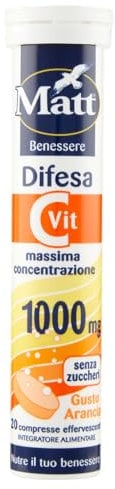 Matt, Difesa - Massima Concentrazione, Integratore Alimentare a Base di Vitamina C, Utile per la Riduzione di Stanchezza e Affaticamento, 20 Compresse Effervescenti Gusto Arancia - 80 g