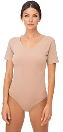 Evoni Damen Body Kurzarm, T-Shirt Bodysuit aus Baumwolle, Kurzarm-Body Elegant, Damen Unterwäsche hellbraun S