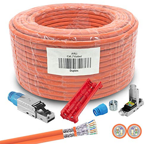 ARLI 50m Duplex Cat7 Verlegekabel + 10x RJ45 Netzwerkstecker Cat8.1 + Kabelmesser S/FTP doppelt geschirmt LSZH halogenfrei Werkzeuglose Montage Ethernet Twin Netzwerkkabel bis zu 10 Gbit/s 1000 MHz