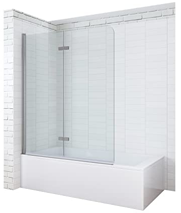 Duschwand Glas für Badewanne 130 x 140 cm Badewannenaufsatz Duschabtrennung Faltwand Falttür mit Festteil und Duschablagen aus 5mm Einscheiben Sicherheitsglas ESG mit Nanobeschichtung | AQUABATOS