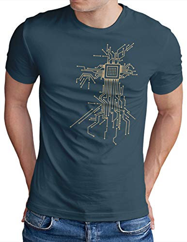 OM3® Computer-Chip-Heart T-Shirt - Herren - Geek CPU Nerd IT Admin Gamer - Denim, XL