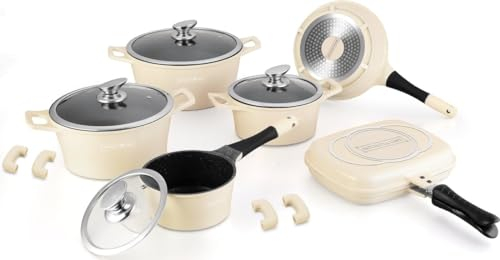 Royalty Line, Ensemble d'ustensiles de cuisine en aluminium moulé sous pression, 15 pièces, revêtement en marbre, couleur crème