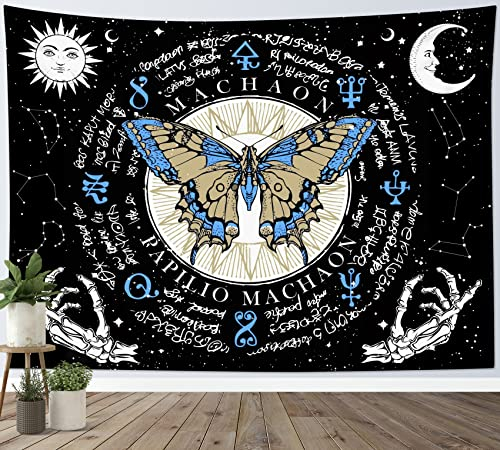 LB Blauer Schmetterling Wandteppich Konstellation und Trippy Skelett Wandtuch Sonne und Mond Wandbehang Schwarz und Weiß Tapisserie für Wohnzimmer Schlafzimmer Wohnheim Wanddeko,200x150cm