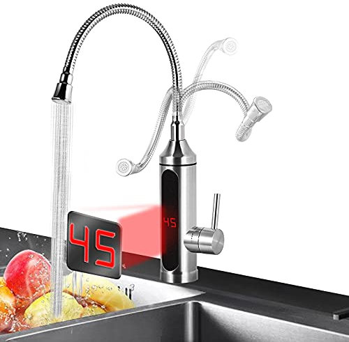 Electric Instant Heater Faucet Tankless Hot Water Heater Tap, 360°Swivel Stainless Steel Instant Quick Hot Tap with Temperature Display for Kitchen Bathroom Sink 220V 3000W (B)