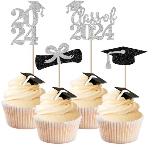 24 Stück Klasse von 2023 Cupcake Topper mit Glitzer 2023 Abschluss Diplom Grad Kappe Cupcake Picks für 2023 Graduation Thema Schule Jungen Mädchen Graduate Party Kuchen Dekorationen Supplies Silber