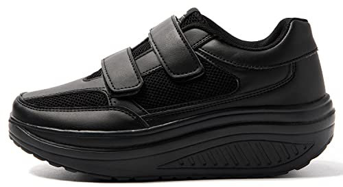 JOMIX Damen Sneaker Klettverschluss Sportschuhe Plateau Turnschuhe Laufschuhe Bequeme Abrollsohle Atmungsaktiv Wippschuhe Abrollschuhe Fitness Gym Outdoor (WD2656, Schwarz, 36 EU)
