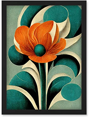 Doppelganger33 LTD Art Deco Poppy Flower Teal Orange Cream Artwork Framed Wall Art Print A4