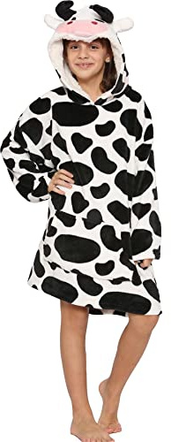 A2Z 4 Kids Hooded Snuggle Blanket Oversized Fleece Lounger Cow Print | Wearable Throw Kangaroo Pocket Cosy Warm Covering Children Relaxation