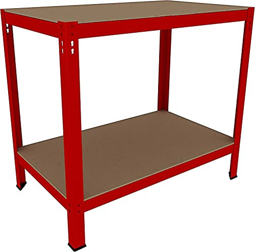 Banco Tavolo Da Lavoro Senza Bulloni In Acciaio Metallo MDF Portata Fino 550 Kg 2 Ripiani Regolabili Ideale Per Garage Officina Cantina Capannone Magazzino Design Modulare 90 x 100 x 60 cm (Red)