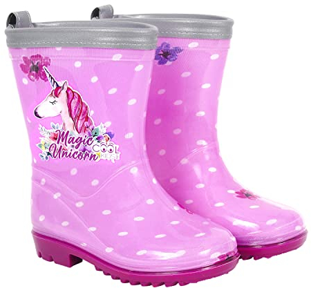 PERLETTI Stivali Pioggia da Bambina con Unicorno Rosa - Stivaletti Impermeabili per Bambine Rosa con Pois Bianchi - Galosce Suola Antiscivolo Bimba Bordo Riflettente - Cool Kids (Rosa a Pois, 28/29)