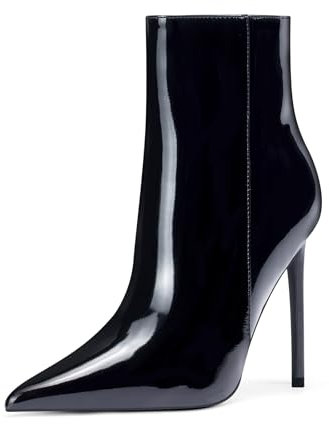 GENSHUO Stivaletti alla caviglia da donna con punta a punta, tacco alto da 11 cm, con cerniera, tacchi a spillo, stivaletti autunnali, pelle verniciata nera, 40 EU