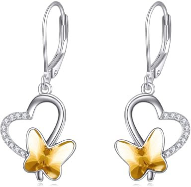 AOBOCO Schmetterling Ohrringe Damen 925 Sterling Silber Leverback Herz Gold Ohrringe Baumeln Tropfen mit Kristall aus Österreich Geburtstags Schmuck Geschenke für Frauen Mädchen Frau Tochter Freundin