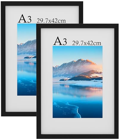 DTXDTech Lot de 2 cadres photo A3, 29,7 x 42 cm, cadre photo A3 avec verre plexiglas, cadre photo mural A3, décoration pour chambre à coucher et salon, noir