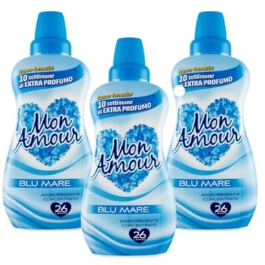 Mon Amour Weichspüler Meerblau, 3x650 ml pro Flasche, Frischer Meeresduft aus Italien, Kuschelweiche Wäsche, 26 Waschgänge