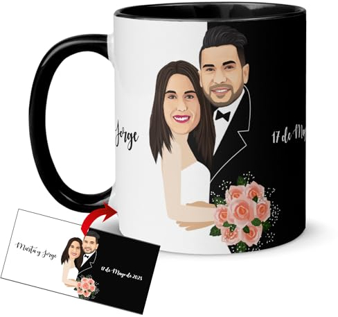 Kembilove Tazas originales para regalar en boda - Taza personalizada con caricatura y texto - Regalos de boda para invitados - Regalos boda - Tazas de cafe 350ml (Sr y Sra)