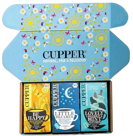 Cupper Bio Tee Set Klassiker, Tee Geschenkset, Früchtetee, Kräutertee, drei verschiedene Sorten, 60 ungebleichte, plastikfreie Teebeutel, 3er Pack