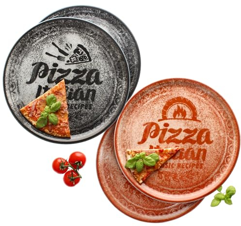 MamboCat Lot de 4 assiettes à pizza rouges et noires I Ø 31 cm I pour 4 personnes I Grandes assiettes à pizza en porcelaine avec décor et inscription I Pour pizzas ou pour servir I Assiette à repas XL
