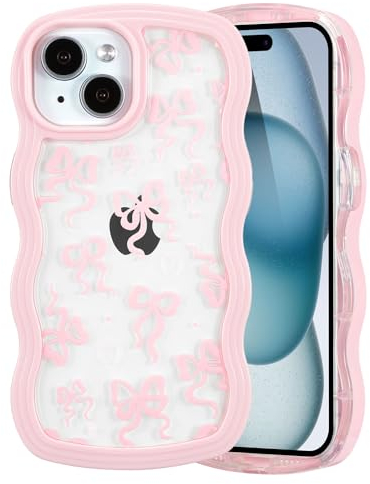 QLTYPRI for iPhone 13 Case/iPhone 14 Case, Cute Bowknot Pattern Aesthetic Design Clear Phone Case for Girls Women, Curly Wave Frame Slim Soft Transparent Shockproof Protective Phone Cover - Pink