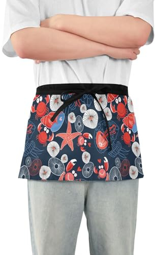 FRODOTGV Schürze mit 3 Taschen, Schürze für Kellner, Krabben, Seastars, Quallen, Muschel, Taschen, Taille, 30,5 cm, kleine Servierschürze, wasserdicht, Krabben Seastars Quallen Conch, Einheitsgröße