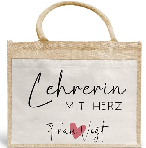 Lehrerin mit Herz Tasche mit Namen - kleines Geschenk - Dankeschön Juteasche Abschiedsgeschenk - Beste Lehrerin mit Wunschtext