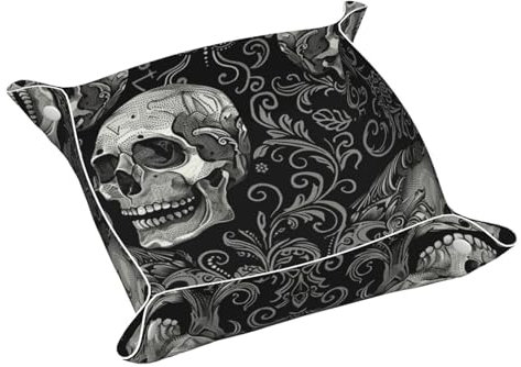 Bandeja organizadora de escritorio con patrón de calaveras en blanco y negro, organizador de almacenamiento, bandeja de tocador, bandeja para guardar monedas