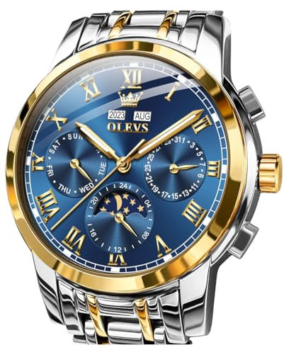 OLEVS Goldblau automatische Herrenuhren, goldene selbstaufziehende mechanische Business Luxus-Armbanduhr aus Edelstahl mit Mondphase, wasserdicht, Leuchtend, mit Kalender für Männer