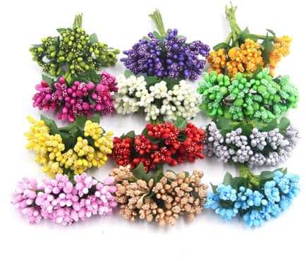 144 pezzi di stelo di fiore artificiale mini con pistillo e stelo morbido, bacche minuscole da 20 mm per fai-da-te, decorazioni per matrimoni, fermagli per capelli da sposa, torta, braccialetto per