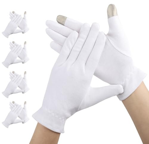 Segbeauty Guantes Blancos, 4 Pares Guantes Hidratantes de Pantalla Táctil, Reutilizable, para Reparación Piel Manos Agrietadas, Dormir Durante la Noche Curar Eczema (L)