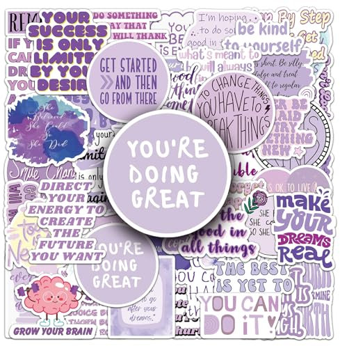 50Pcs Purple Inspirational Phrase Stickers for Skateboard,Helmet,Laptop,Car,Water Bottle, Notebook,Luggage,Bike,Phone,Gift for Children Girl,Waterproof Cute Vinyl Sticker,Motivational Aesthetic Decal