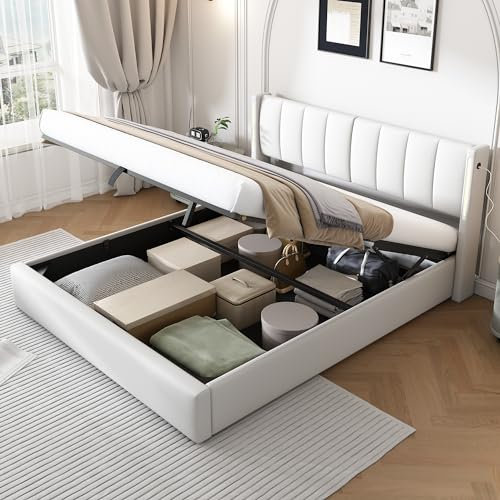 LED Upholstered Bed 5ft King Size Bed Frame Ottoman Storage Bed with LED lights and Charging Station, Hydraulic bed Gas Lift Up Bed Frame With Gas Lift End Opening Wooden Slats and Storage, PU, White