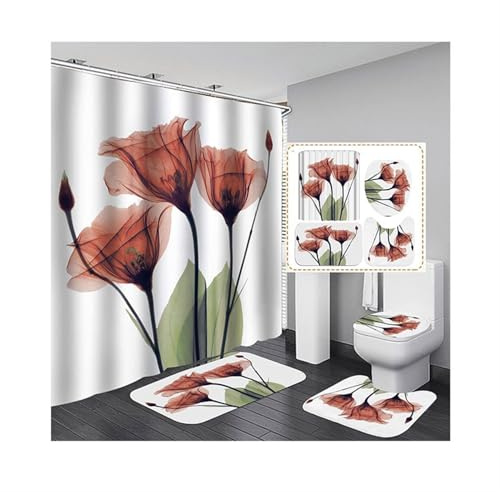 4-teiliges Duschvorhang-Set for Badezimmer, wasserdichter Duschvorhang und Badematten-Set, mit WC-Sitzbezug, Anti-Rutsch-Matte, saugfähige Matte, wasserdichte Badewanne mit 12 Haken Vorhang(XY558,165*