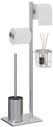 Edelstahl Klopapierhalter Stehend mit Klobürste - Toilettenpapierhalter in Schwarz, mit WC-Bürste und Eckenkorb (Gebürsteter Nickel)