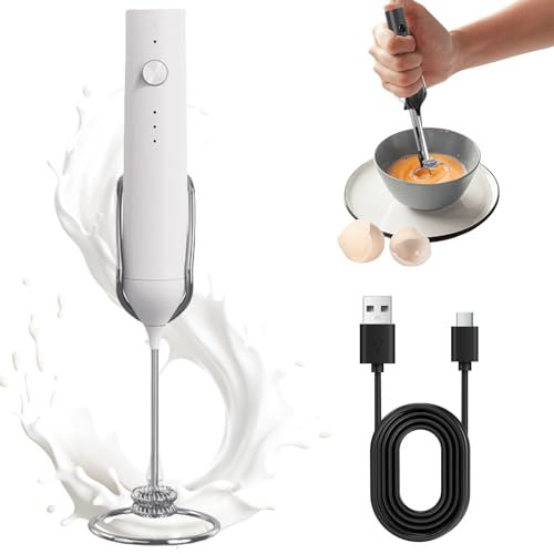 Mousseur à lait électrique rechargeable avec 3 vitesses - Pour chocolat chaud, café, latte, cappuccino, matcha - Battre les œufs (blanc)