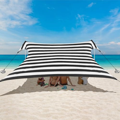 Strandzelt, Strandüberdachung, Sonnenschutz, UPF 50+, tragbarer 3 × 3 m, Camping-Sonnenschutz mit Sandsäcken, Stangen, Heringen und Anti-Wind-Seilen für Outdoor, Hinterhof, Picknicks, Angeln, Schwarz