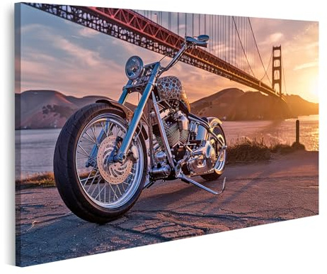islandburner Bild auf Leinwand Motorrad bei Sonnenuntergang vor Brücke für Wohnzimmer Motorradliebhaber Motorradwerkstatt Bilder Wandbilder Poster