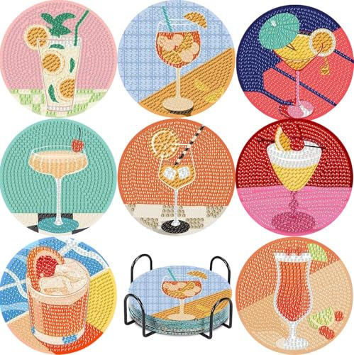 8 Pcs Cocktail Diamond Art Coasters Kits with Holder, DIY Retro Cocktail Diamond Painting Coasters Mosaic Kits for Adults, Round Non Slip Coaster Crafts for Tabletop Protection and Gifts