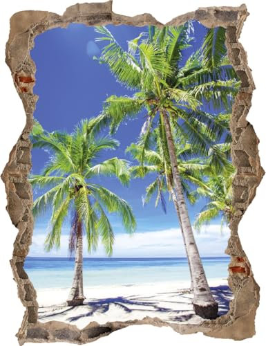 DesFoli Wandtattoo Palme Strand Meer - verschiedene Rahmentypen DW000040 Farbe Brauner Stein Hochformat, Größe 100 cm x 130 cm