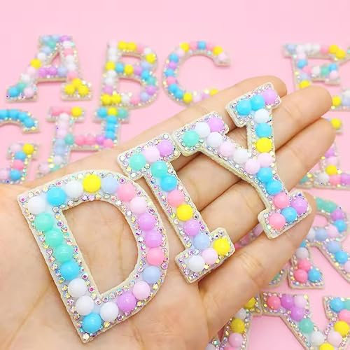 Yulakes 26PCS Pearl Glitzer Strass Alphabet Aufkleber Iron On Patches Applique A-Z Bling Strass Buchstaben Aufnäher Patches Applikation White Pearl Englischer Buchstabe Alphabet Applikation