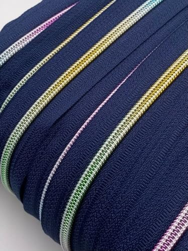 Reißverschluss endlos Spirale Regenbogen 5mm Meterware mit Zipper (Dunkelblau, 2m + 6 Zipper)