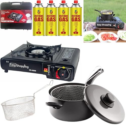 Camping 3 Piece Cooking Set 8-Inch Nonstick Chip Pan with Lid & Basket and Portable Gas Stove with 4 Butane Canisters – Ideal for Deep Frying & Outdoor Indoor Cooking Camping Picnic Party BBQ.